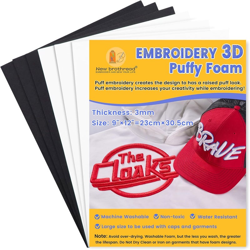 New brothread - 15 Options- 6PCS Embroidery Puffy Foam 9″x12″ Large Size 3MM Creating 3D Embroidery Effect for Caps, Garments, Jackets, Bags, Backpacks and More - 3xBlack + 3xWhite - Image 1